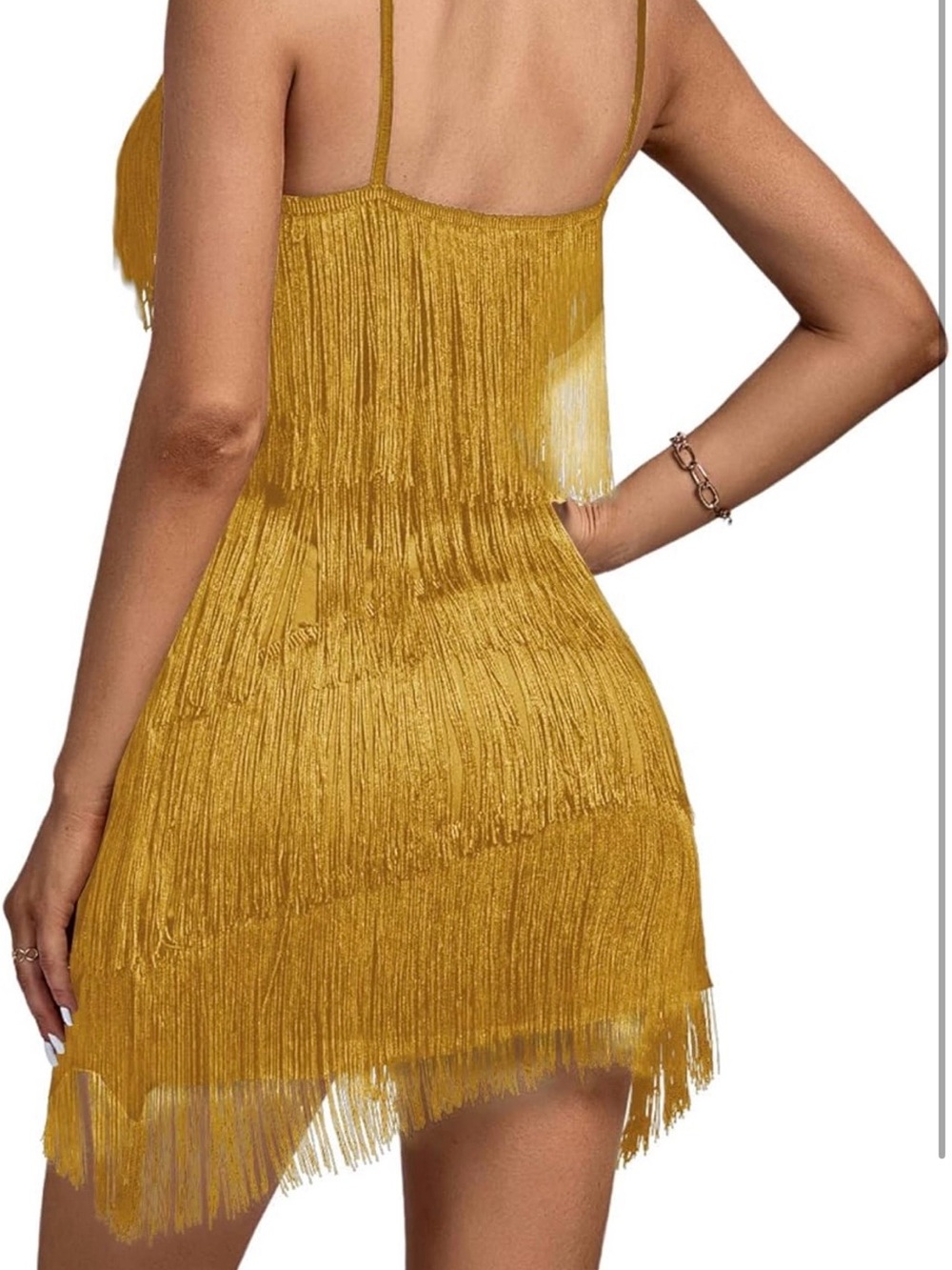 Fringe Layered Gold Mini Dress - Women's Party Dress - Picture 3 of 4